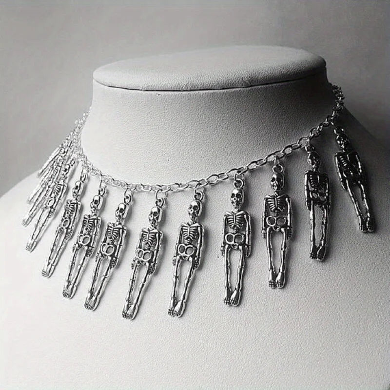 Gothic Dark Retro Bone Skeleton Ghost Hand Necklace for Women Hip Hop Punk Skeleton Skull Necklace Earrings Set Party Jewelry