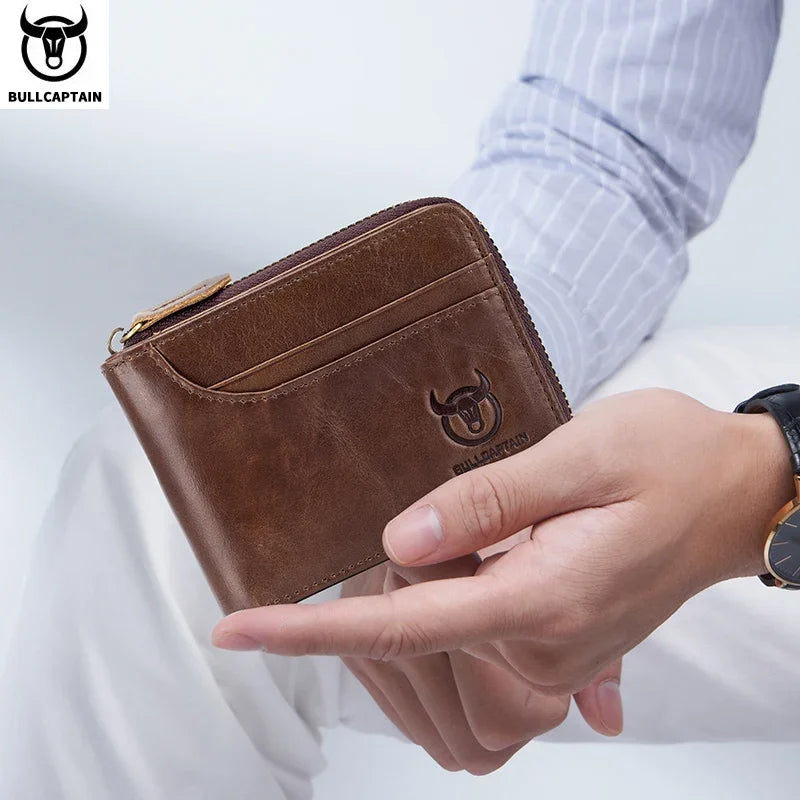 BULLCAPTAIN Men's Genuine Leather Wallet Business Casual Retro RFID Zipper Coin Purse Multi-Card Slot Cash Clip