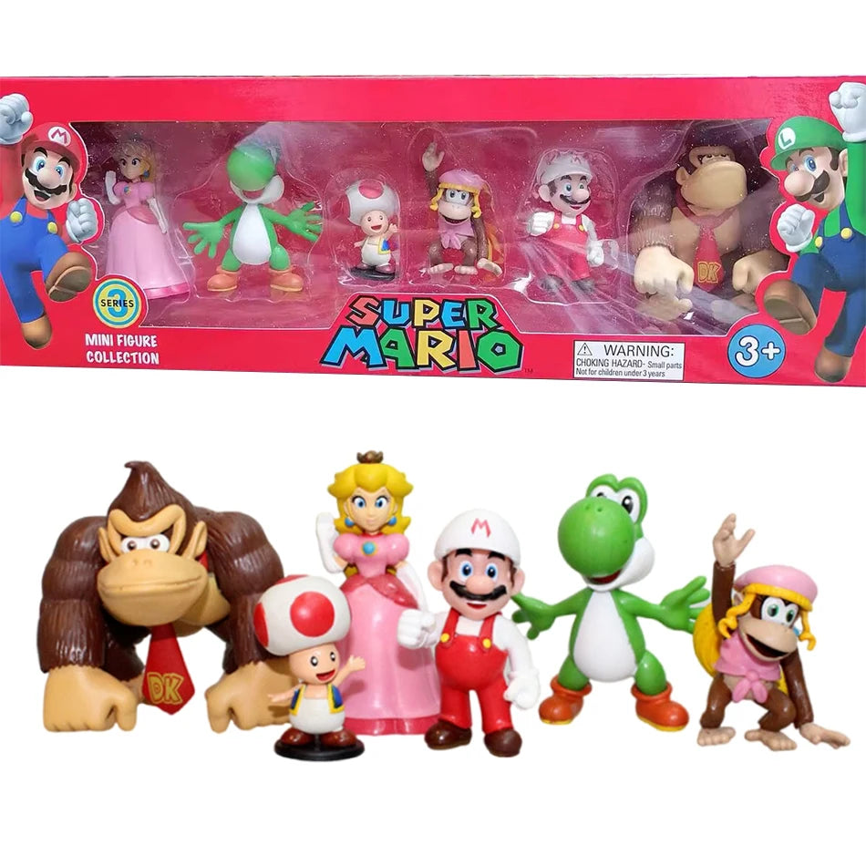 6Pcs Super Mario Bros PVC Action Figures Set Luigi Yoshi Donkey Kong Mushroom