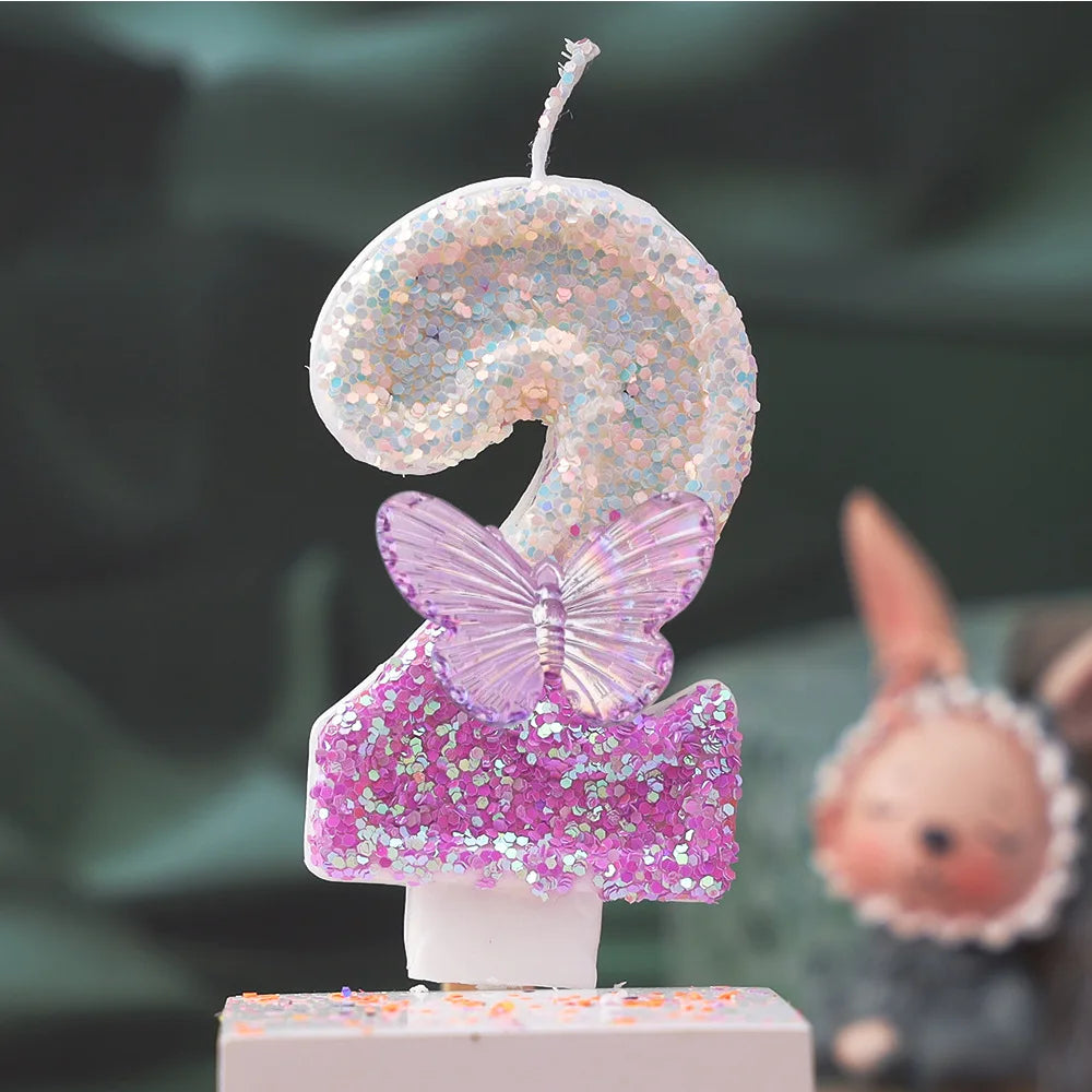 Creative 0-9 Numbers And Letters Birthday Cake Candle, DIY Party Decoration Candle With Purple Butterfly Design And Glitter