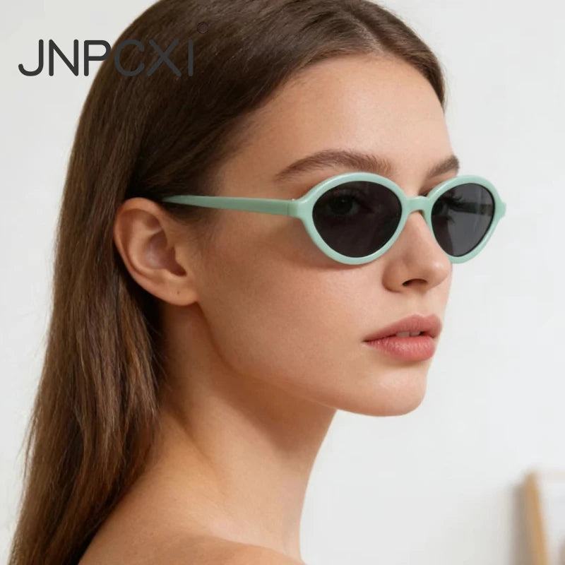 JNPCXI Fashion Small Oval Sunglasses Women Retro Punk Gradient Green Black Shades UV400