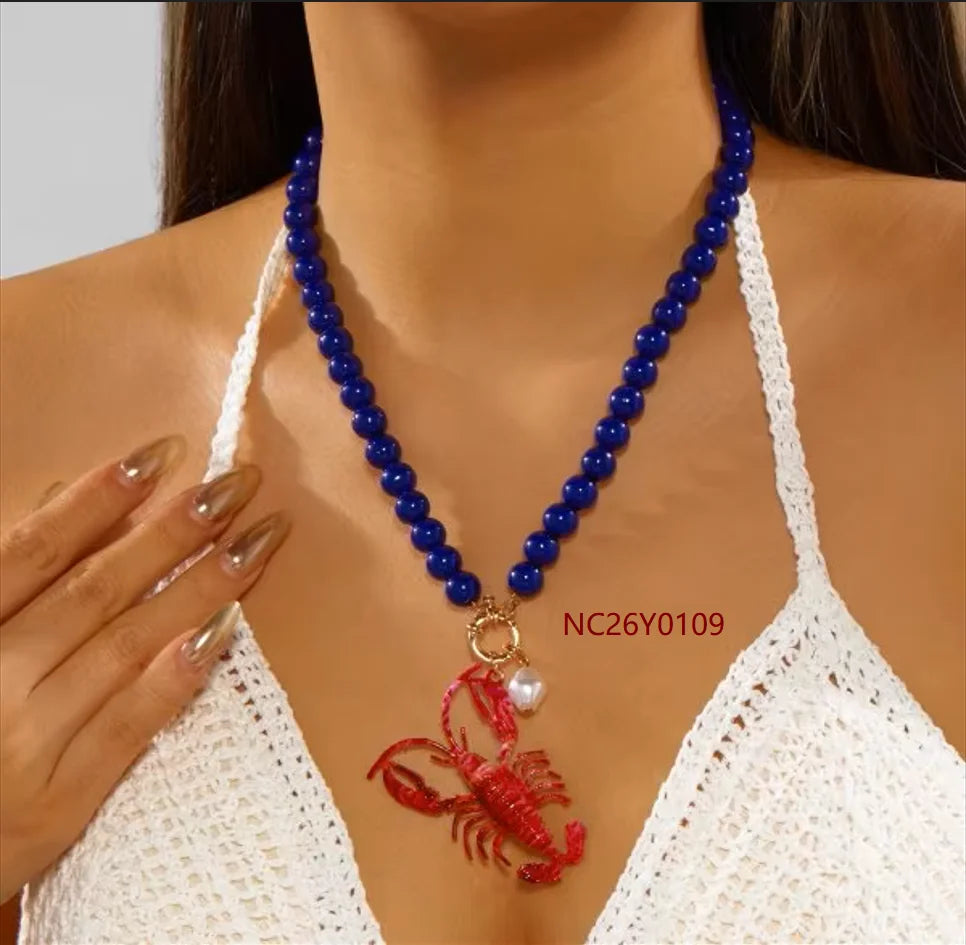 Funny Lobster Jewelry Set Beaded Necklace Dangle Earrings for Women Cute Ocean Animal Boho Beach Vacation Accessories
