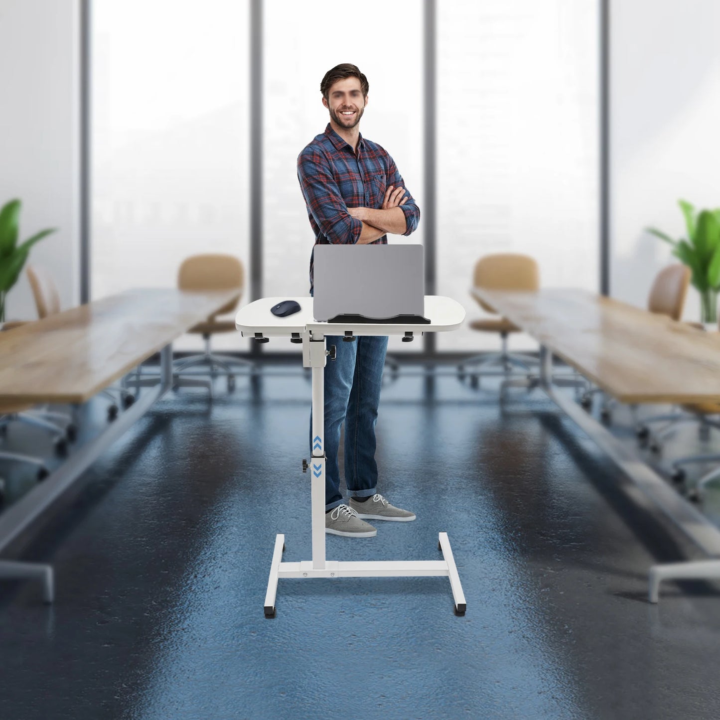 White Carbon Steel Adjustable Laptop Desk Stand With 360° Swivel Wheels w/Brakes