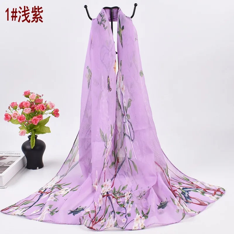 New Fresh Spring Peach Blossom Printed Chiffon Women's Long Scarves Wholesale Thin Sun Protection Women's Scarves
