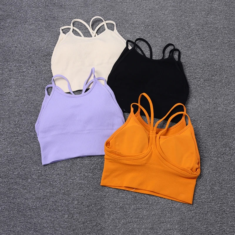 2024 New Thin Shoulder Strap Beautiful Back Sports Bra Women knit sling ribbed yoga bra tops
