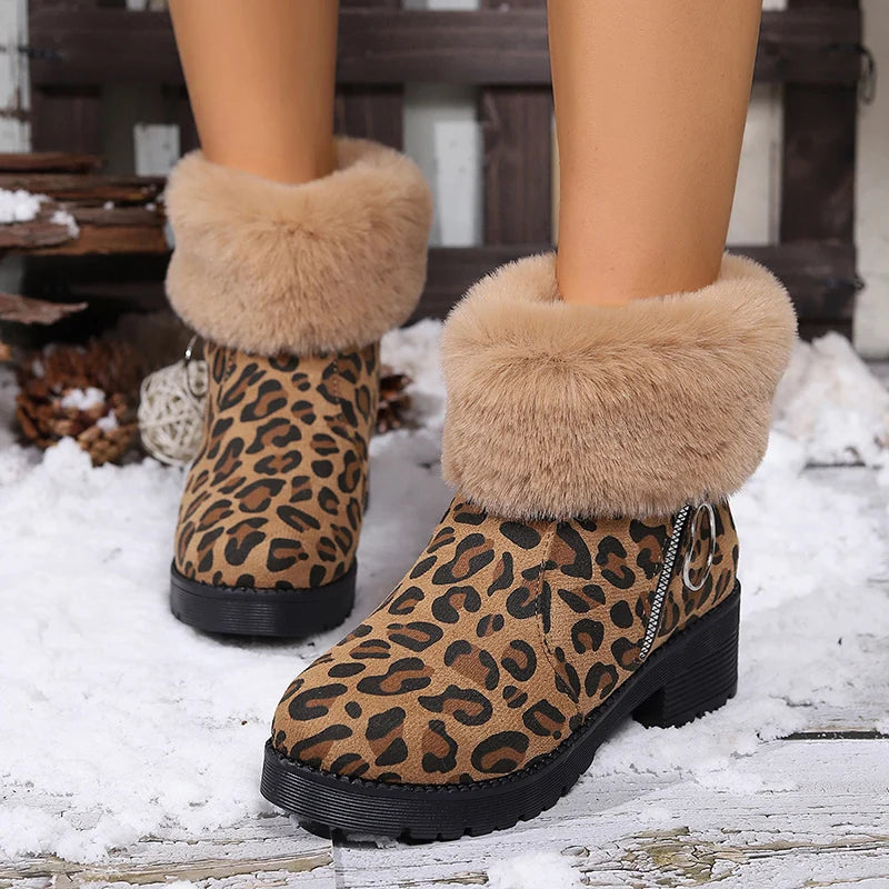 Fashion Leopard Print Faux Fur Ankle Boots Women Zipper Decor Thick Heels Winter Boots Woman Non Slip Warm Plush Short Booties