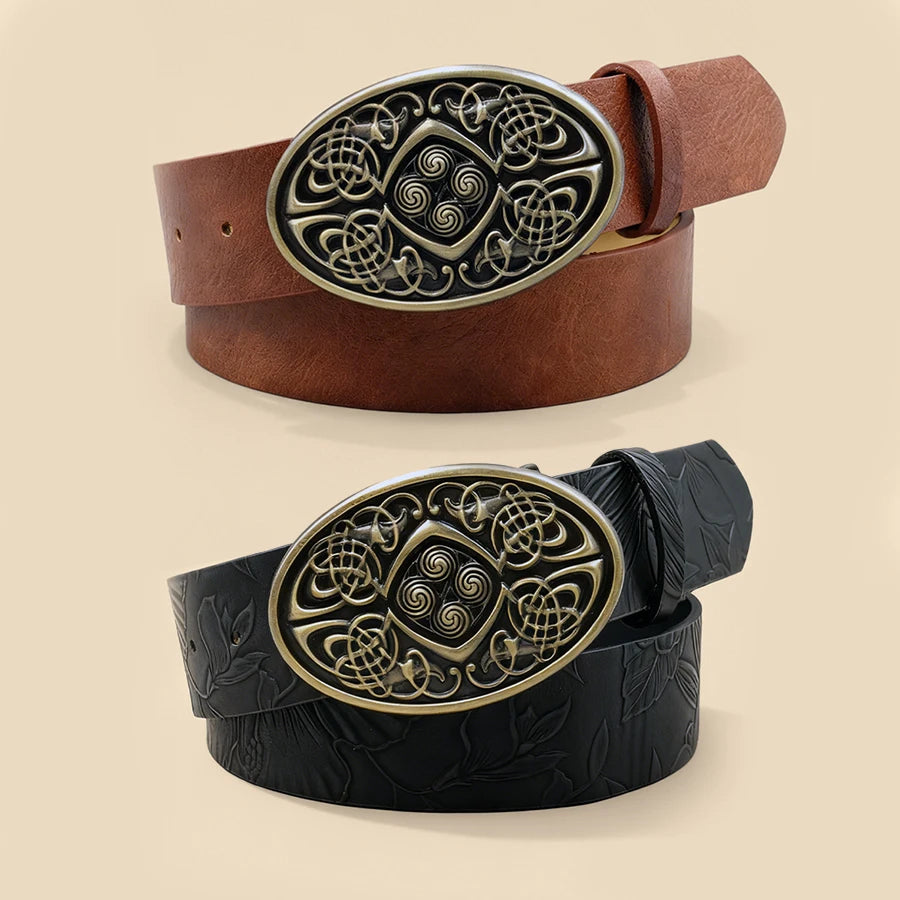 Vintage Celtic Knot Buckle Leather Belt - Embossed Brown/Black Fashion Waist Strap for Men & Women