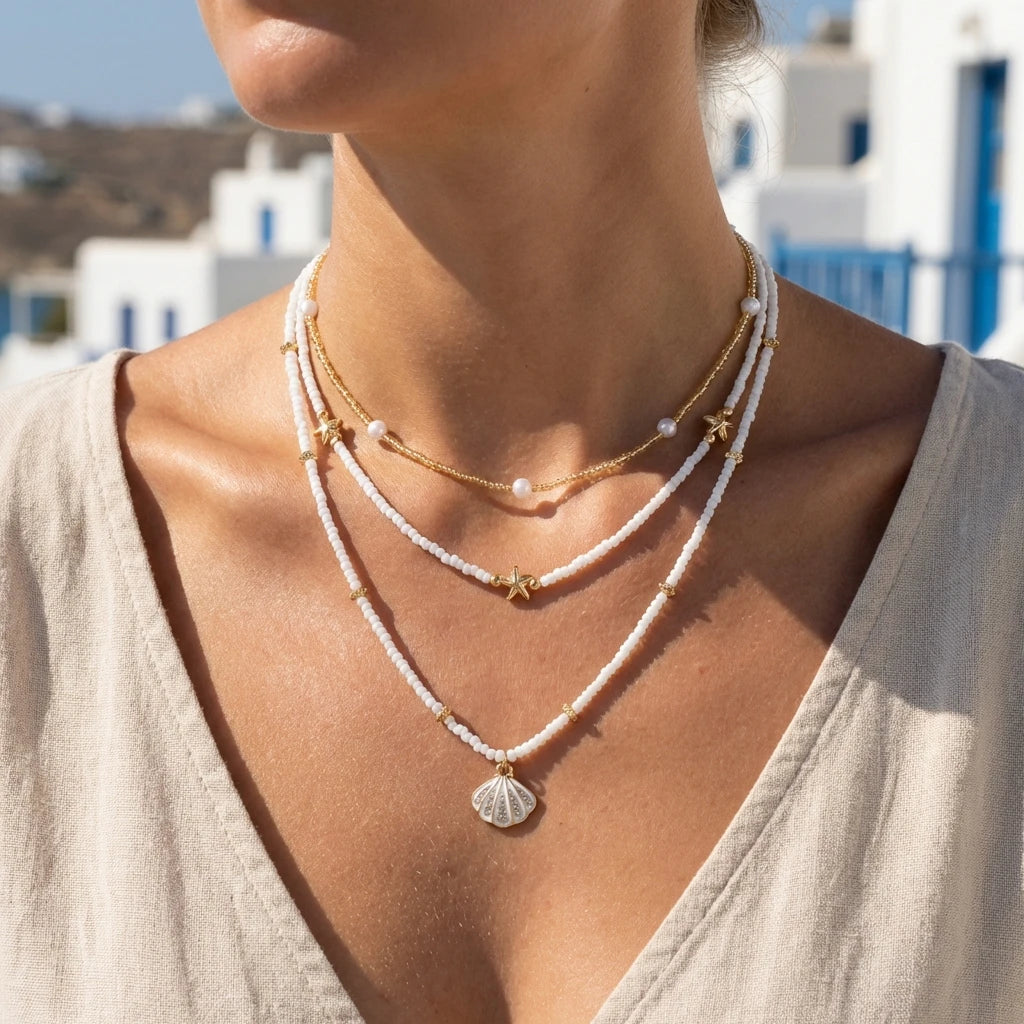 Summer Beach Layered Beaded Necklace Set Shell Starfish Pendant Choker Boho Vacation Jewelry 3Pcs