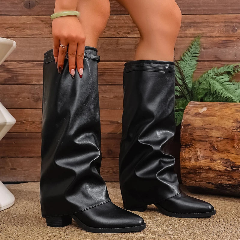 2025 Fashion High Heel Knee High Boots Women Punk Pointed Toe Bike Long Boots Woman Autumn Winter Pu Leather Botas Mujer 36-43