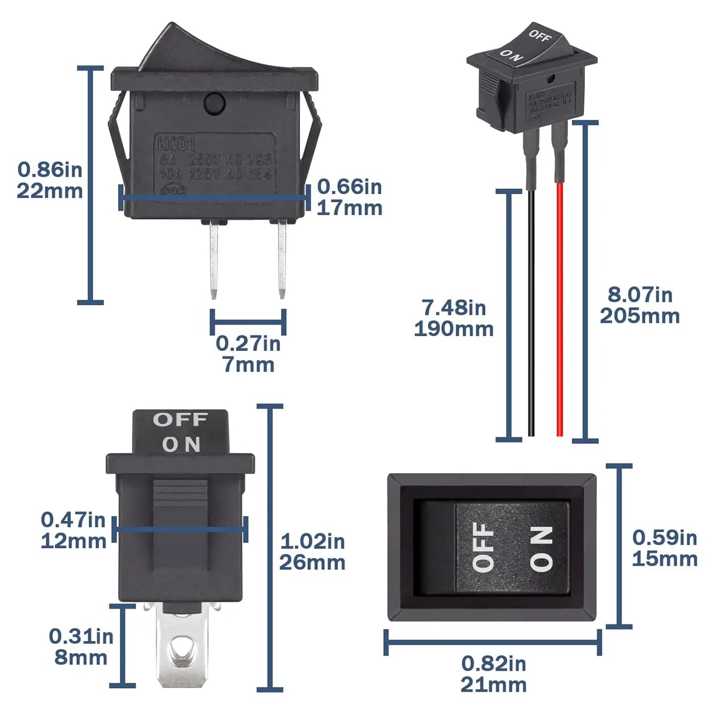 10pcs Rocker ON Off Switch 12V Toggle Switch KCD1 Mini Rocker Switches 2 Pin AC 6A 250V 10A 125V SPST 2 Position Black Square