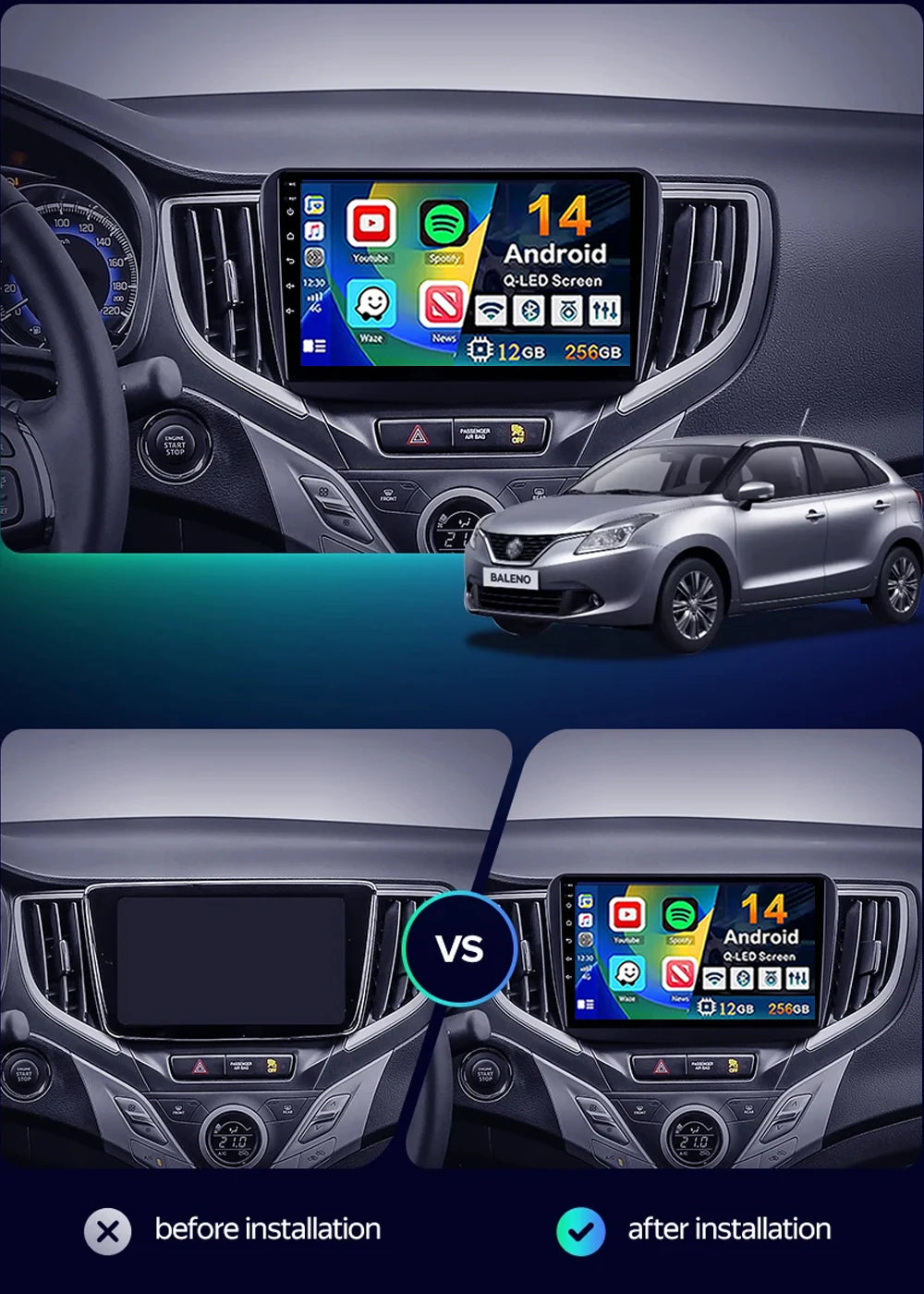 For Suzuki Baleno 2 2015 - 2022 2K 12+256 QLED Android 15 CarPlay Car Radio Multimedia Video Player GPS stereo Head Unit 4G WIFI