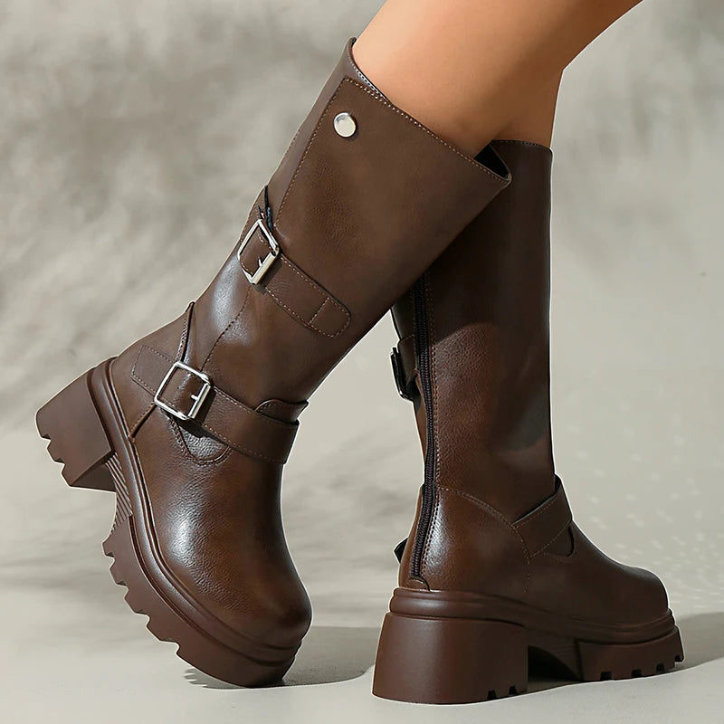 Piunk Belt Buckle Chunky Platform Knee High Boots Women Back Zipper High Heel Long Boots Woman Plus Size 42 Pu Leather Botas