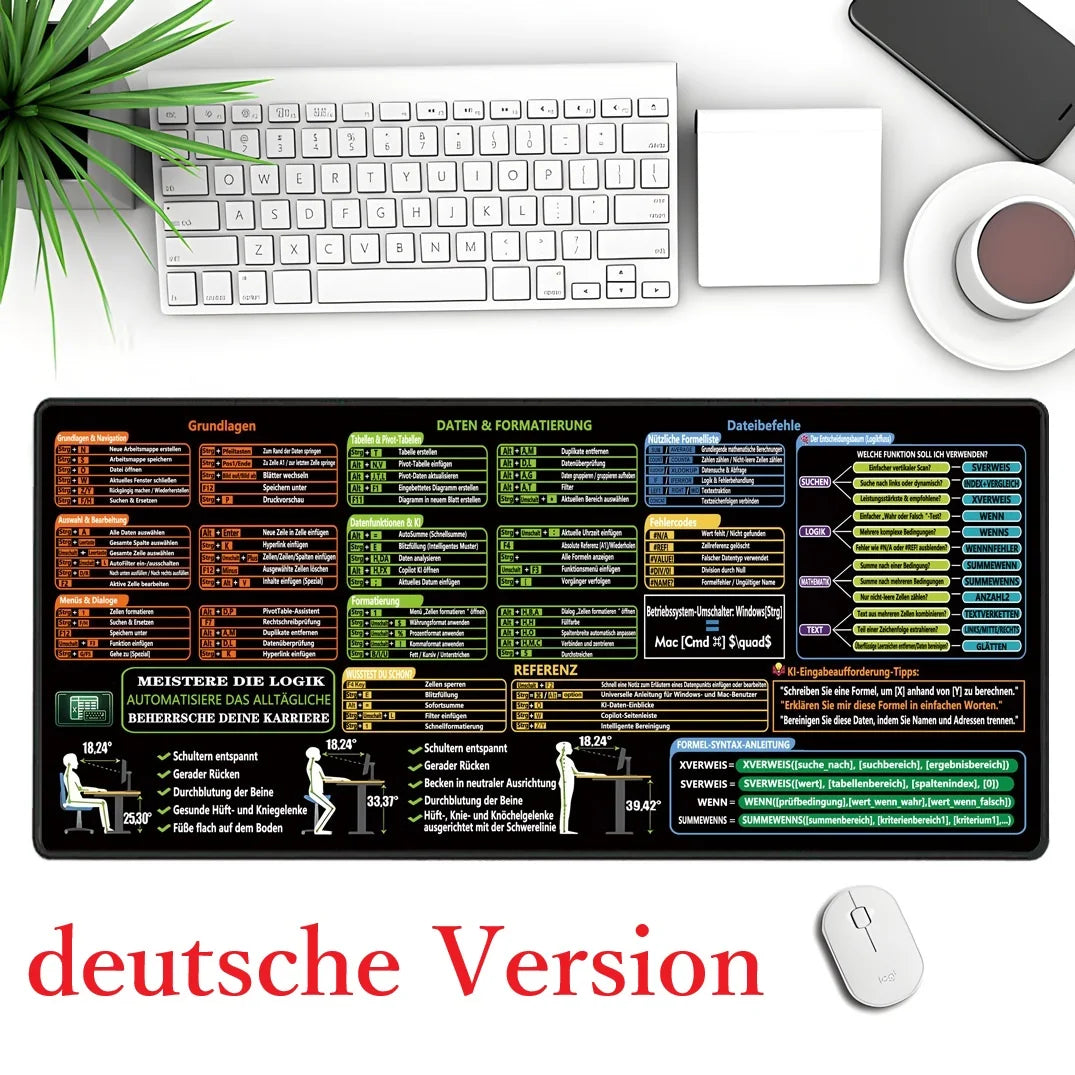 German Version ,Excel Cheat Sheet Desk Pad with AI Prompt Tips & XLOOKUP Guide, Excel Shortcuts Mouse Pad for CPAS, Finance