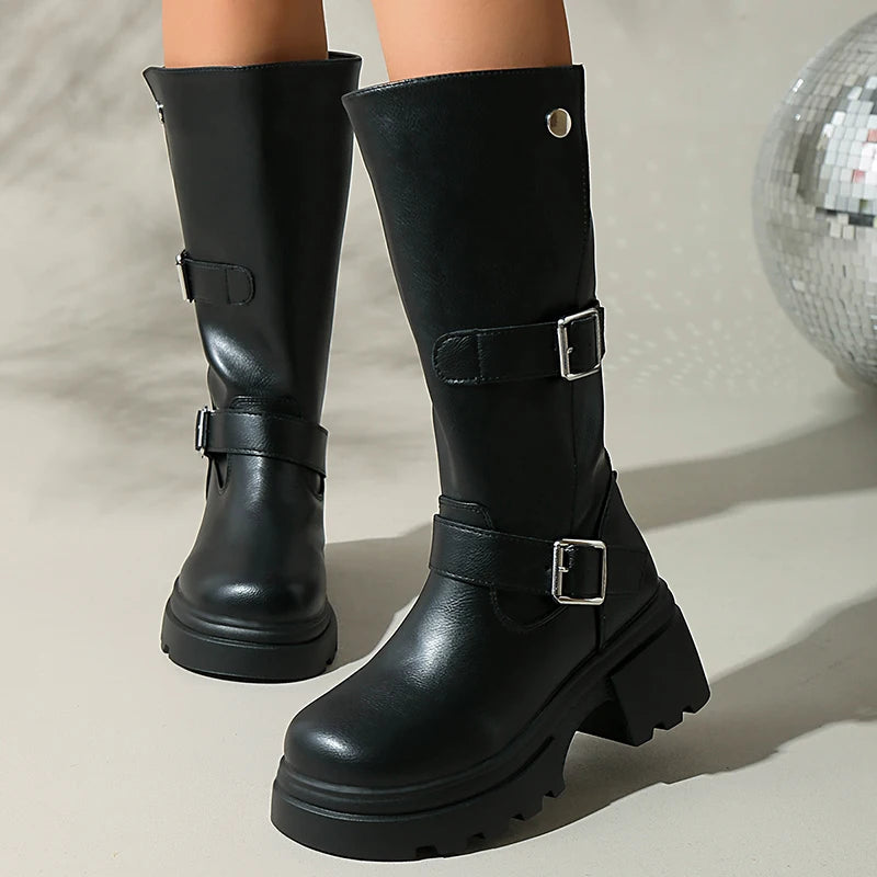 Piunk Belt Buckle Chunky Platform Knee High Boots Women Back Zipper High Heel Long Boots Woman Plus Size 42 Pu Leather Botas