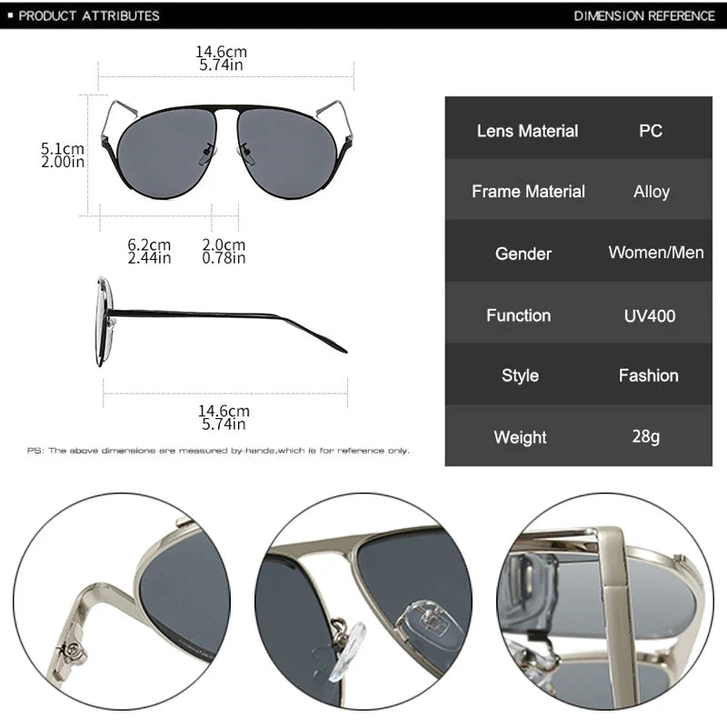 JNPCXI New Retro Metal Pilot Women Sunglasses Fashion Oversized Men Shades UV400 Black Tea Sun Glasses