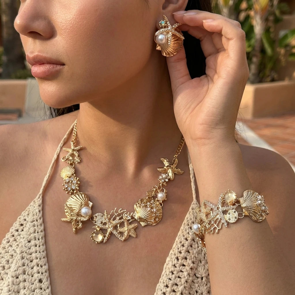 Mermaidcore Statement Gold Ocean Jewelry Set Women Chunky Starfish Shell Coral Pearl Crystal Necklace Bracelet Earrings Resort G