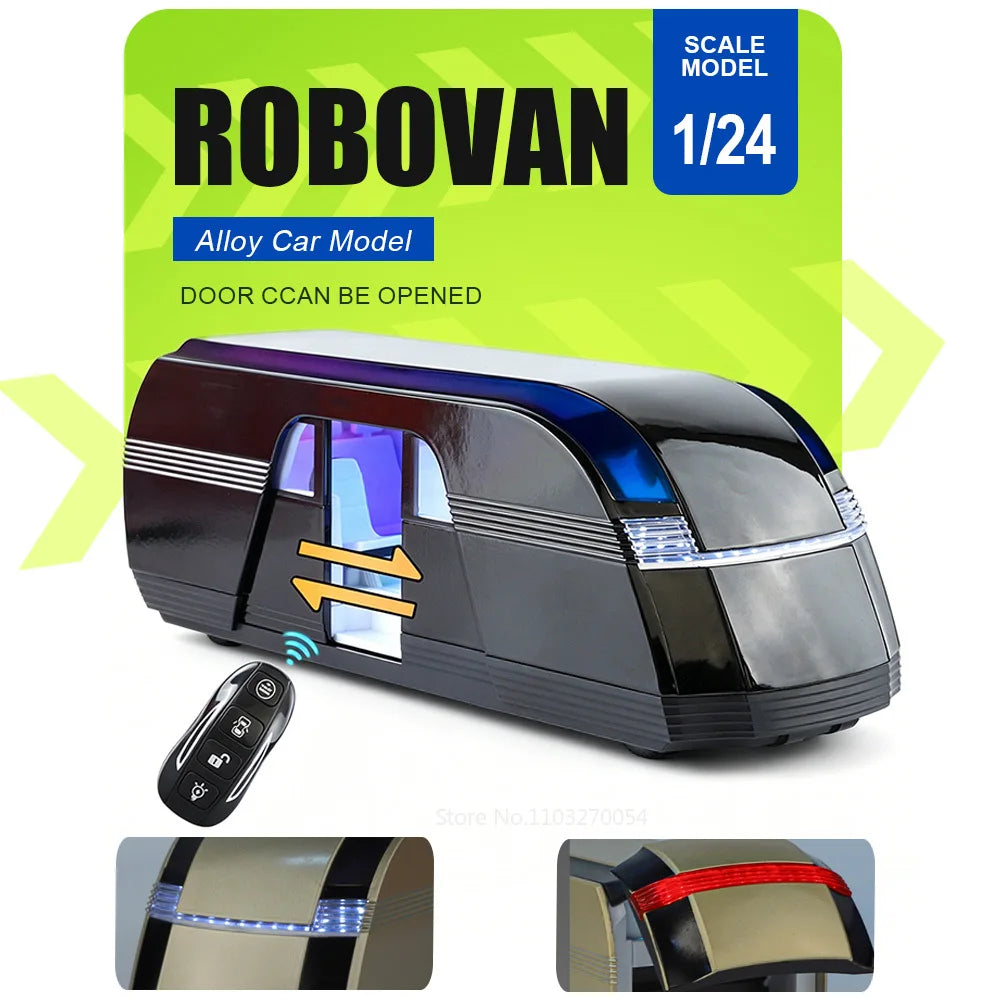 1:24 ROBOVAN Pickup Alloy Diecast Model Toy Car Shock Absorption Doors Opened Sound Light Pull Back Autonomous Bus Birthday Gift
