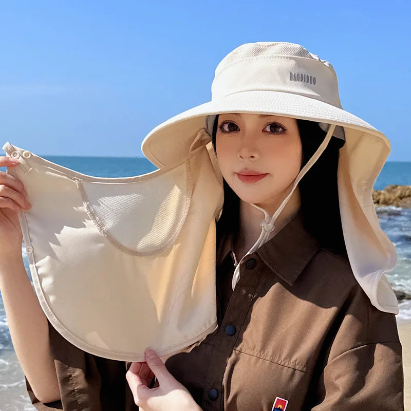 8458 Spring summer Cross border large cape sun block hat fashion face mask fisherman hat with ponytail hole visor hat children