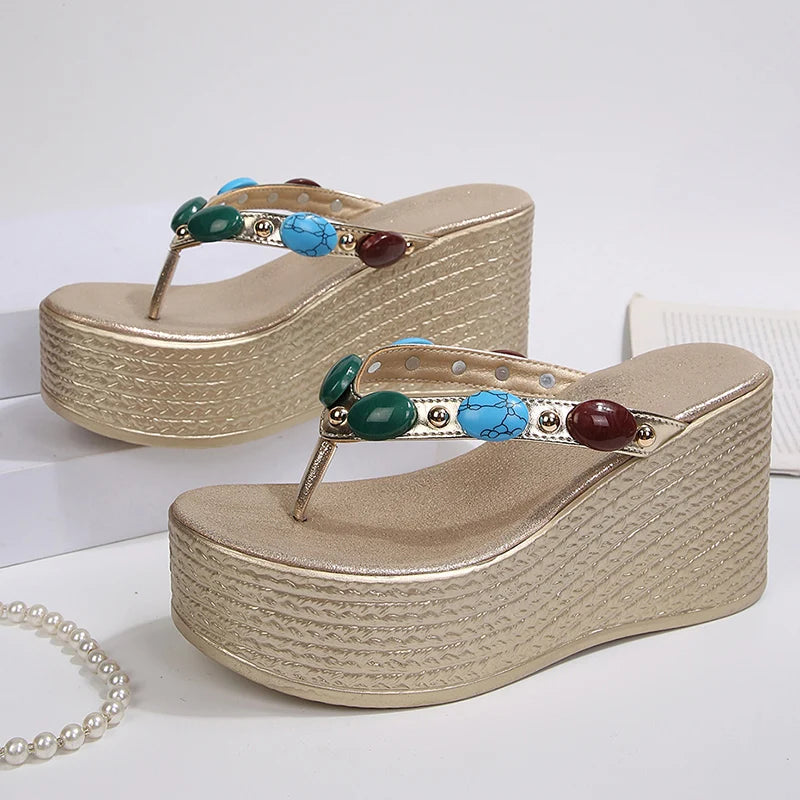 Luxury Gem Chunky Platform Flip Flops Women 2026 Summer Clip Toe Wedge Heel Sandals Woman Plus Size 43 Thick Sole Beach Slippers