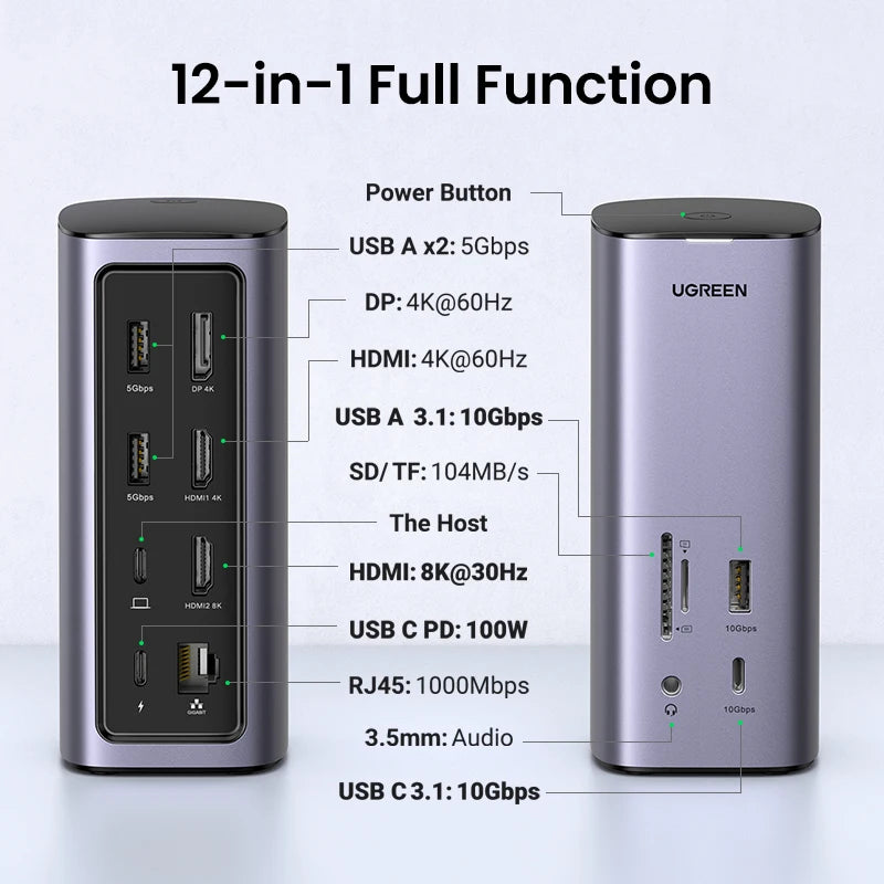 USB C Docking Station 12-in-1 Display Link 8K/4K 2HDMI DP Triple Display HUB