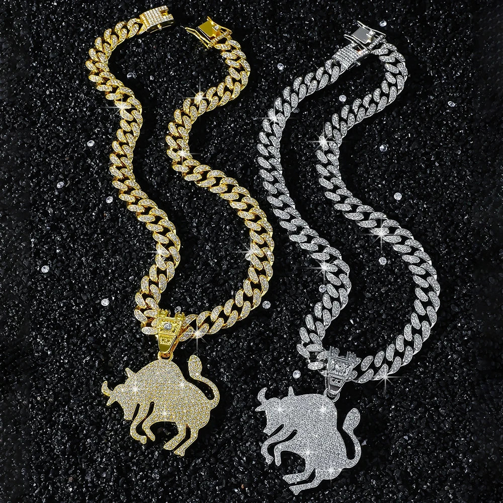 Men Hip Hop Animal Cow Shape Pendant Necklace with 13mm Cuban Chain HipHop Iced Out Bling Hiphop Necklaces Rock Jewelry Gift