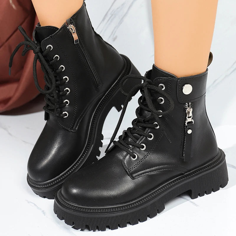 Punk Zipper Decor Platform Ankle Boots for Women Autumn Winter Black Thick Sole Short Booties Mujer Lace Up Pu Leather Boots
