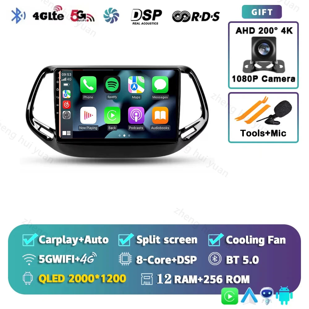 2K QLED For Jeep Compass 2 MP 2016 - 2018 Android 15 CarPlay Auto Car Radio Multimedia Video Player GPS stereo Head Unit 4G WIFI