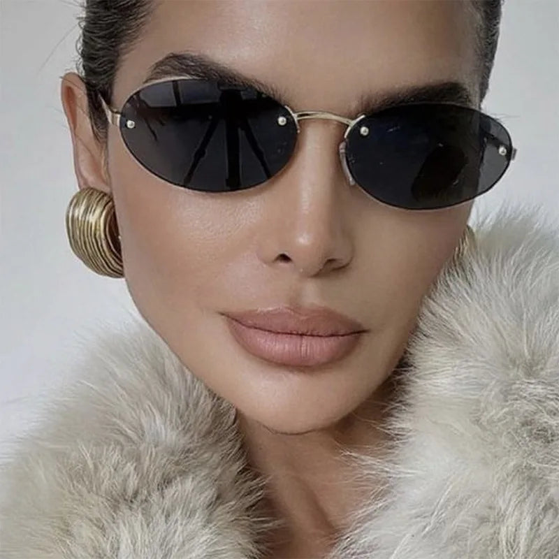 JNPCXI New Retro Rimless Metal Oval Sunglasses Women Fashion Gold Black Candy Color Shades UV400 Men Punk Sun Glasses