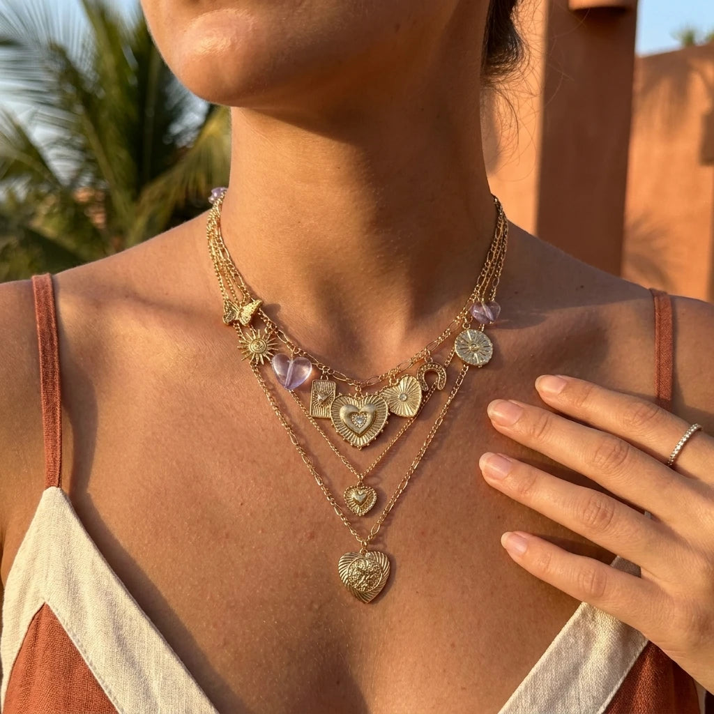Vintage Heart Sun Layered Necklace Set of 3 Dainty Chains Boho Retro Gold Tone Pendant Stackable Jewelry Gift for Women