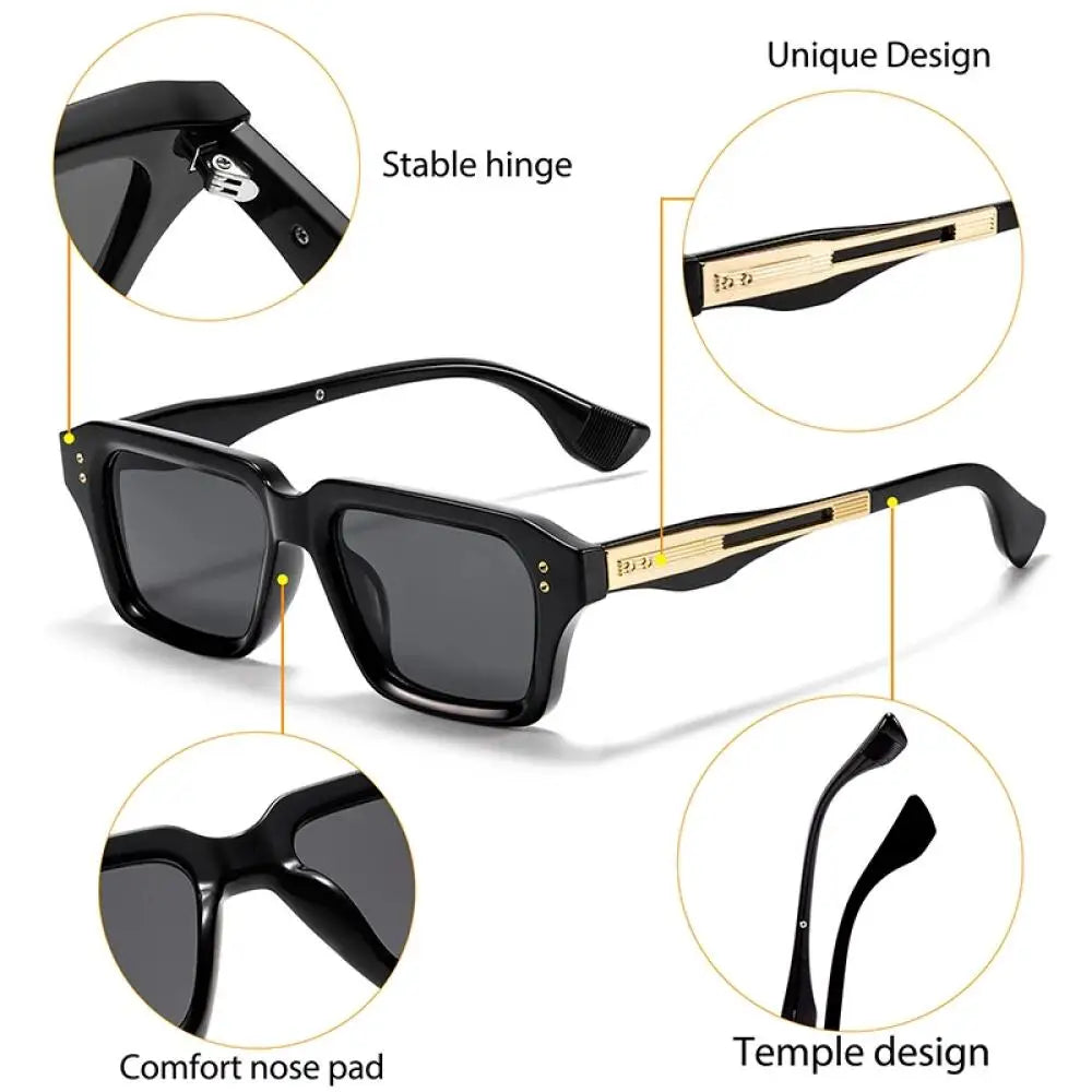 CATERSIDE New Men's Square Sunglasses Premium PC Frame with Metal Temple UV400 Women Retro Fashion Driving Decoration Eyewear