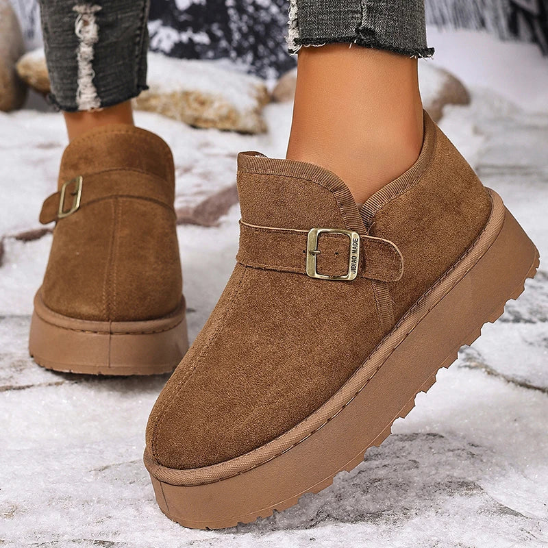 Buckle Decor Thick Bottom Winter Ankle Boots Women 2025 Faux Suede Platform Snow Boots Woman Slip On Short Plush Cotton Shoes