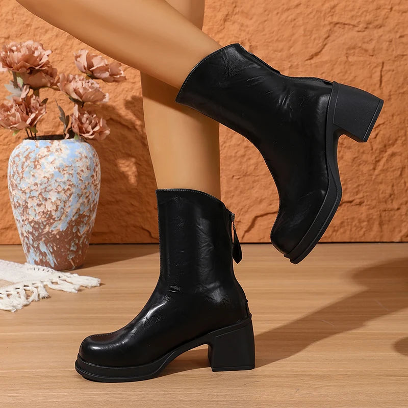 Fashion Chunky High Heels Ankle Boots Women High Quality Thick Heeled Pu Leather Boots Woman Comfort Back Zipper Short Booties