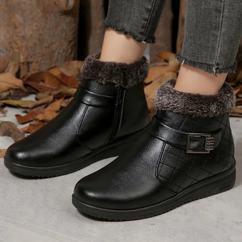 Retro Faux Pu Leather Snow Boots Women Winter 2025 Zipper Up Wedges Snow Boots Woman Anti Slip Furry Warm Booties Female
