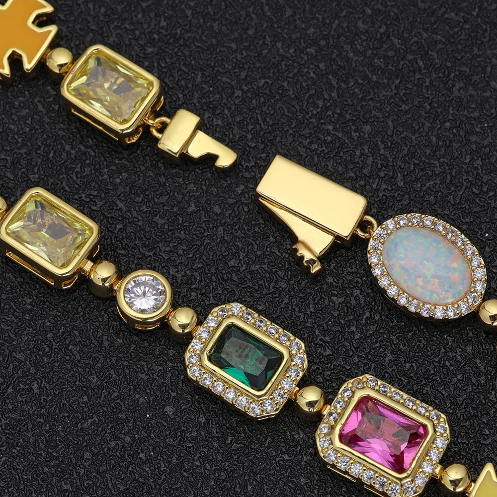 NY Big Gemstone Cross Necklace 10mm Multicolor Enamel Opal Chain Iced Out Jewels