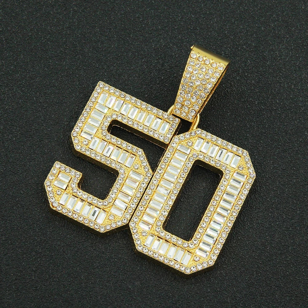 Men Women Hip Hop Number 50 Pendant Necklaces With 13mm Full Crystal Shiny Miami Cuban Chain Choker Fashion Charm Rapper Jewelry