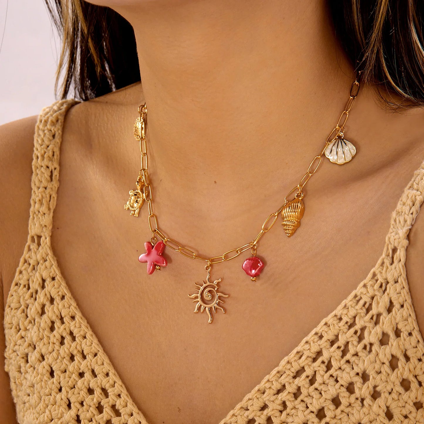 Bohemian Ocean Charm Necklace For Women Gold Tone Sun Starfish Turtle Shell Conch Summer Beach Jewelry