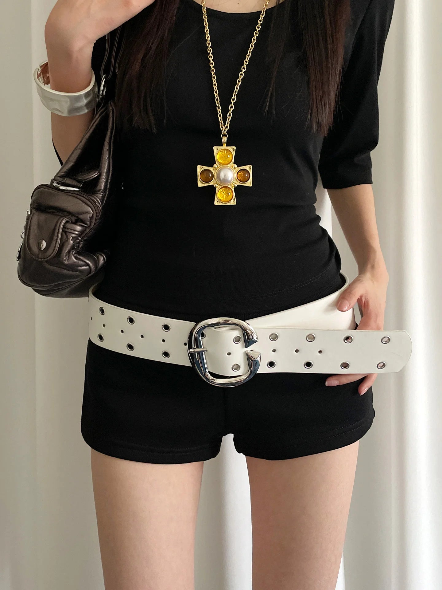 Heavy Industrial Punk Style Double-Row Hole Decoration Wide Version Belt For Women A Niche And Versatile Leather Belt