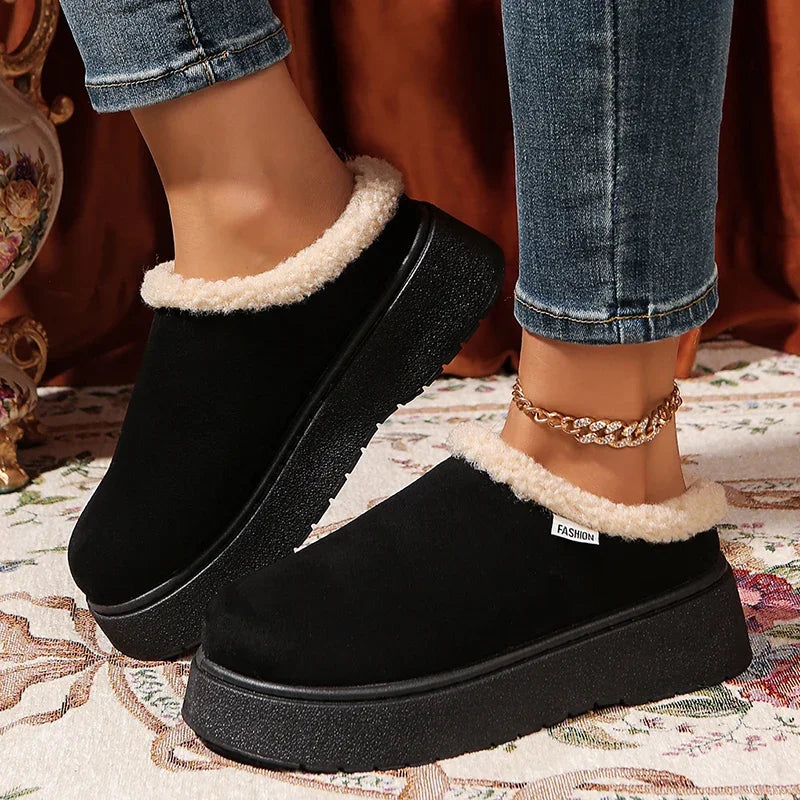 2025 New Faux Suede Fur Slippers Women Winter Slip On Non Slip Thick Sole Snow Boots Woman Warm Thicken Plush Cotton Shoes 36-41