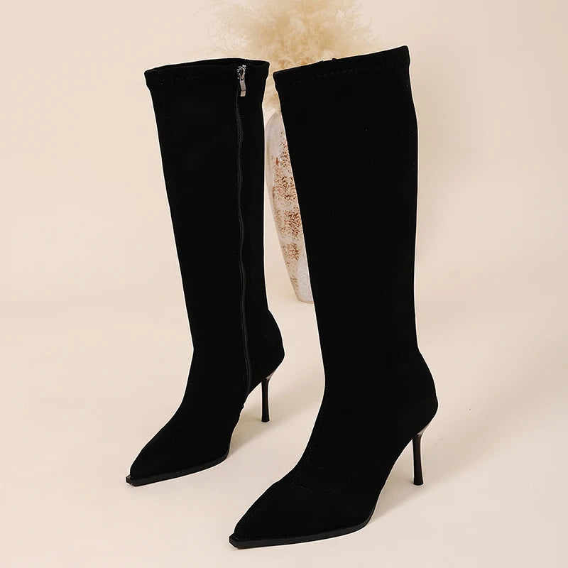 Sexy Pointed Toe Stiletto Heel Knee High Boots Women Plus Size 42 High Heeled Long Boots Woman Fashion Zipper Flock Botas Mujer