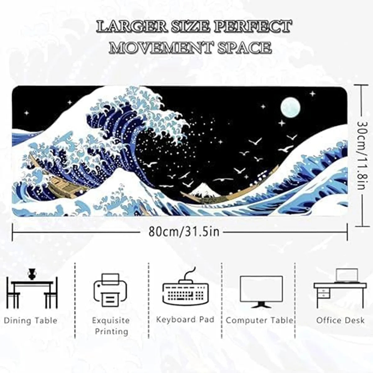Gaming Mouse Pad for Desk,Large Wave Mousepad Laptop,Black Japanese Anime Mouse Mat,Keyboard Pads Non-Slip for Game Office Home