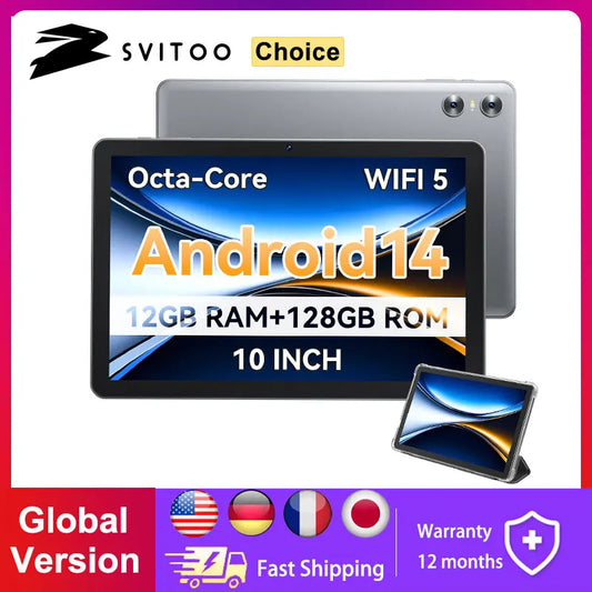 SVITOO 10.1" Android 15 Tablet, T606 Octa-Core, 12GB RAM, 128GB ROM, Face Unlock