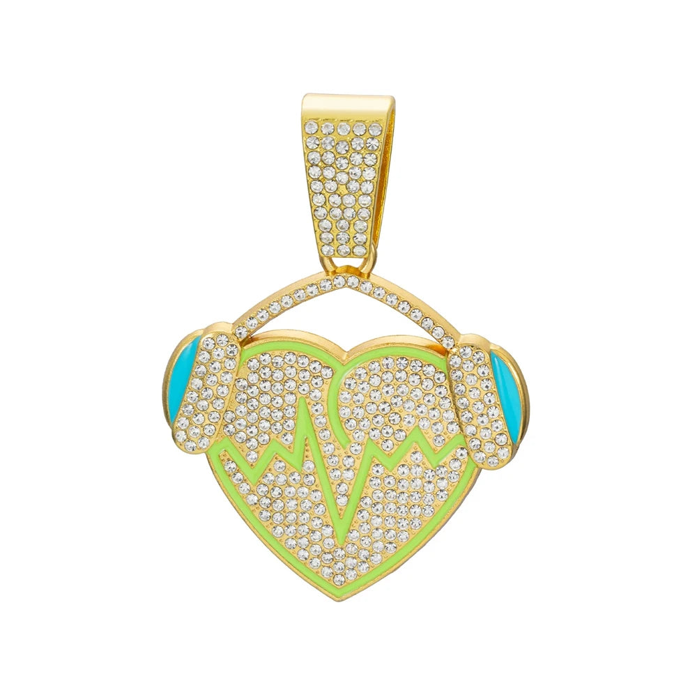 Hip Hop Full Rhinestones Cuban Chain Bling Iced Out Heart with Headphones Pendant Necklaces for Men Rapper Jewelry Drop Shipping