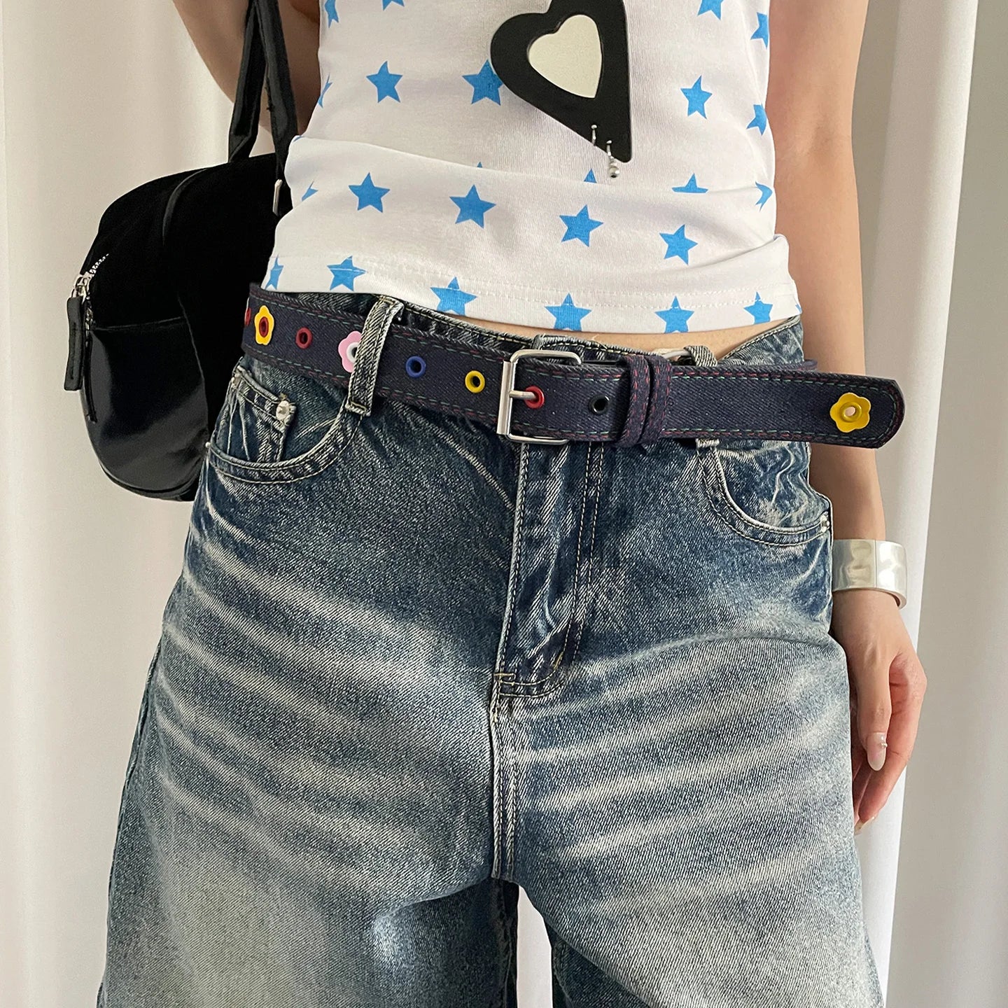 Y2k Dopamine Floral Red Plaid Waist Belt For Women Summer 2025 New Sweet Cool Hot Girl Denim Blue Belt