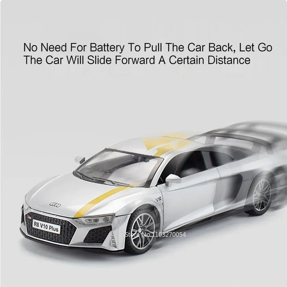 1:32 R8 V10 PLUS E-TRON Car Model Toys Alloy Diecast Vehicles Rubber Tires with Sound Light Pull Back Toy Birthday Gifts for Kid