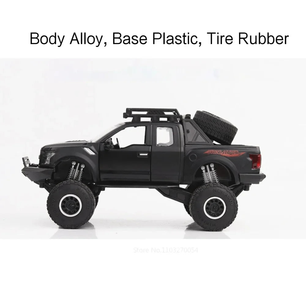 Scale 1/32 Raptor F150 Cars Model Toys Diecast Alloy Pickup Metal Body Rubber Tires with Sound Light Vehicles Toy Gifts for Kids