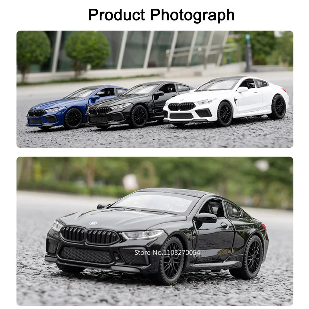 1/32 M8 Miniature Alloy Diecast Toys Car Model Sports Cars 4 Door Can Opened Sound Light Pull Back Vehicle Kids Festival Gift