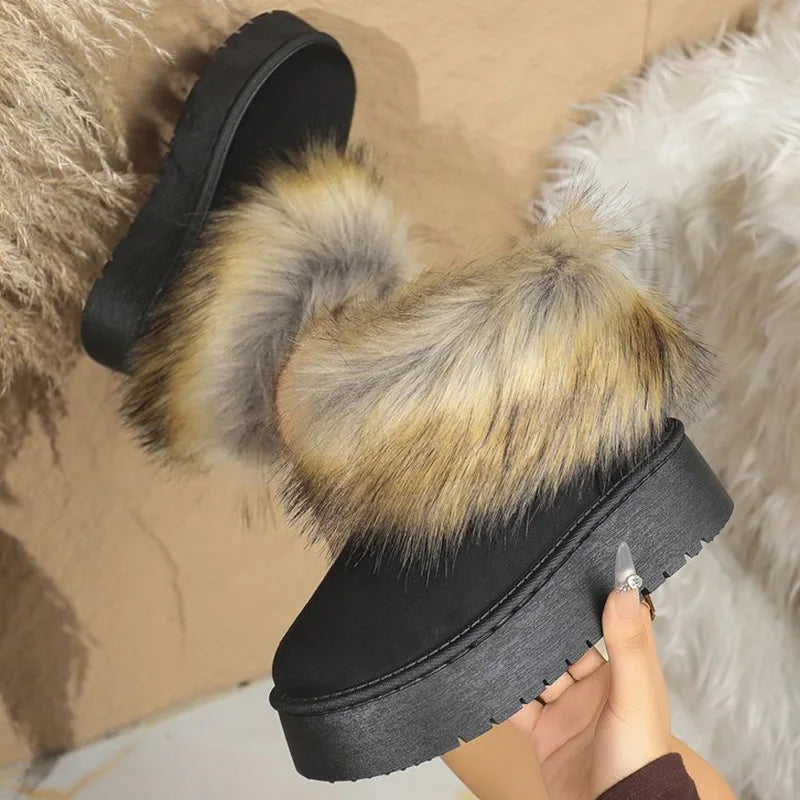 Faux Suede Furry Snow Boots for Women Winter Fashion Round Toe Slip On Ankle Boots Woman Anti Slip Platform Warm Booties Mujer