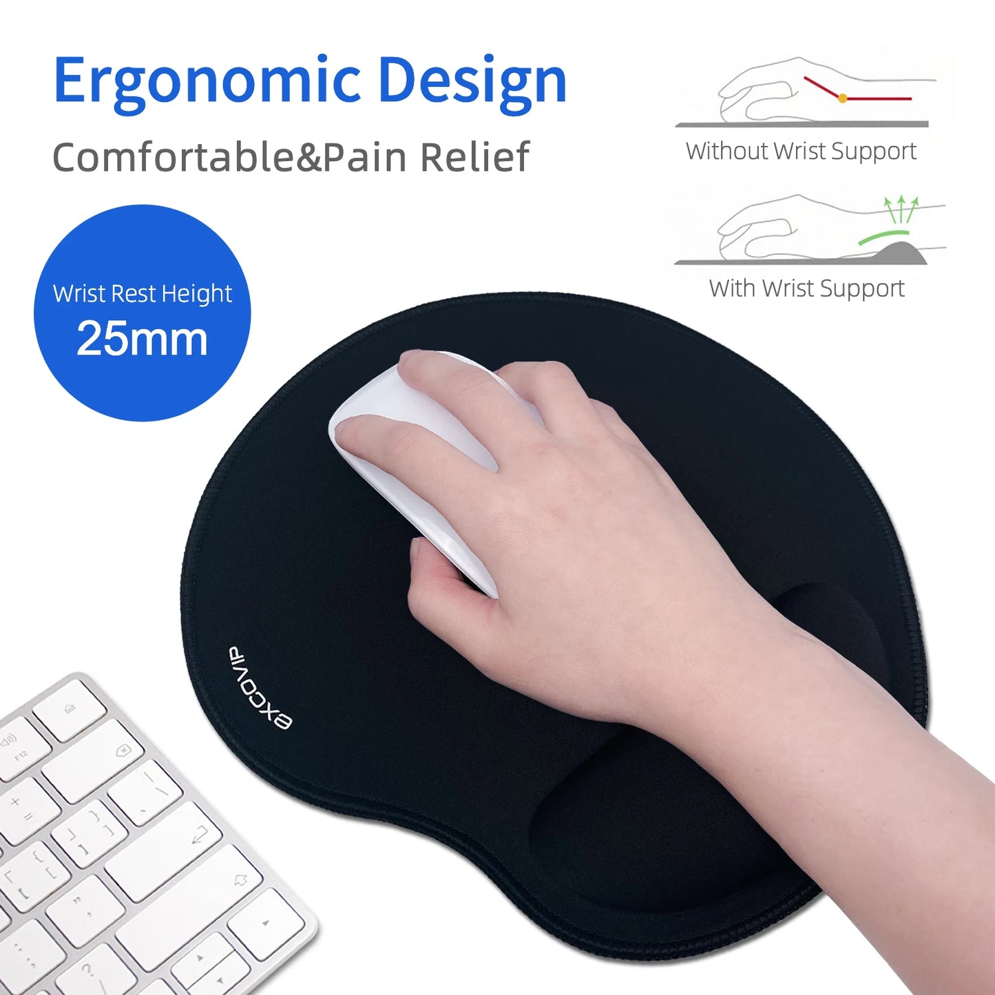 EXCO Ergonomic Mouse Pad with Memory Foam Wrist Support Rest Stitched Edge Comfortable Office Mousepad Non-Slip Rubber Base