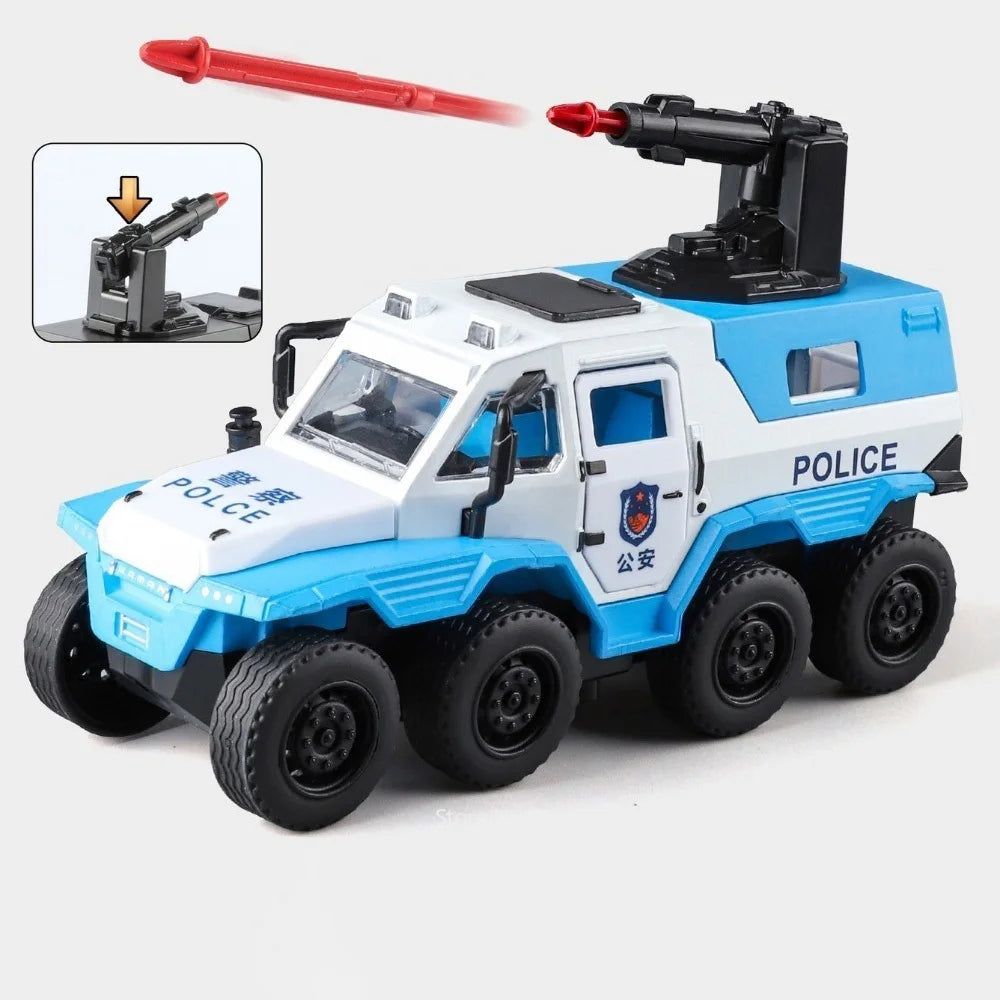 1:36 Conqueror SWAT Armored Vehicle Alloy Diecast Model Toys Car Doors Opened Sound Light Pull Back Cars Festival Gift for Child