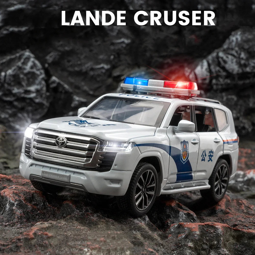 1:32 Prado Land Cruiser LC300 Police Car Metal Model Toy Alloy Diecast Vehice Rubber Tire Sound Light Pull Back Toy Gift for Kid